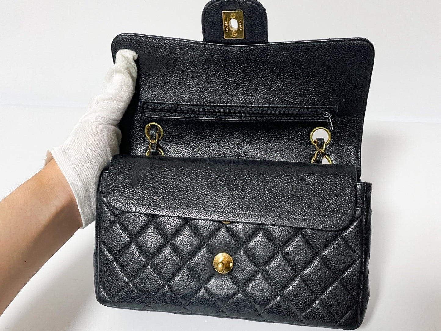CHANEL Double Flap Caviar Leather Matelasse Black Lambskin Shoulder Bag with Seal