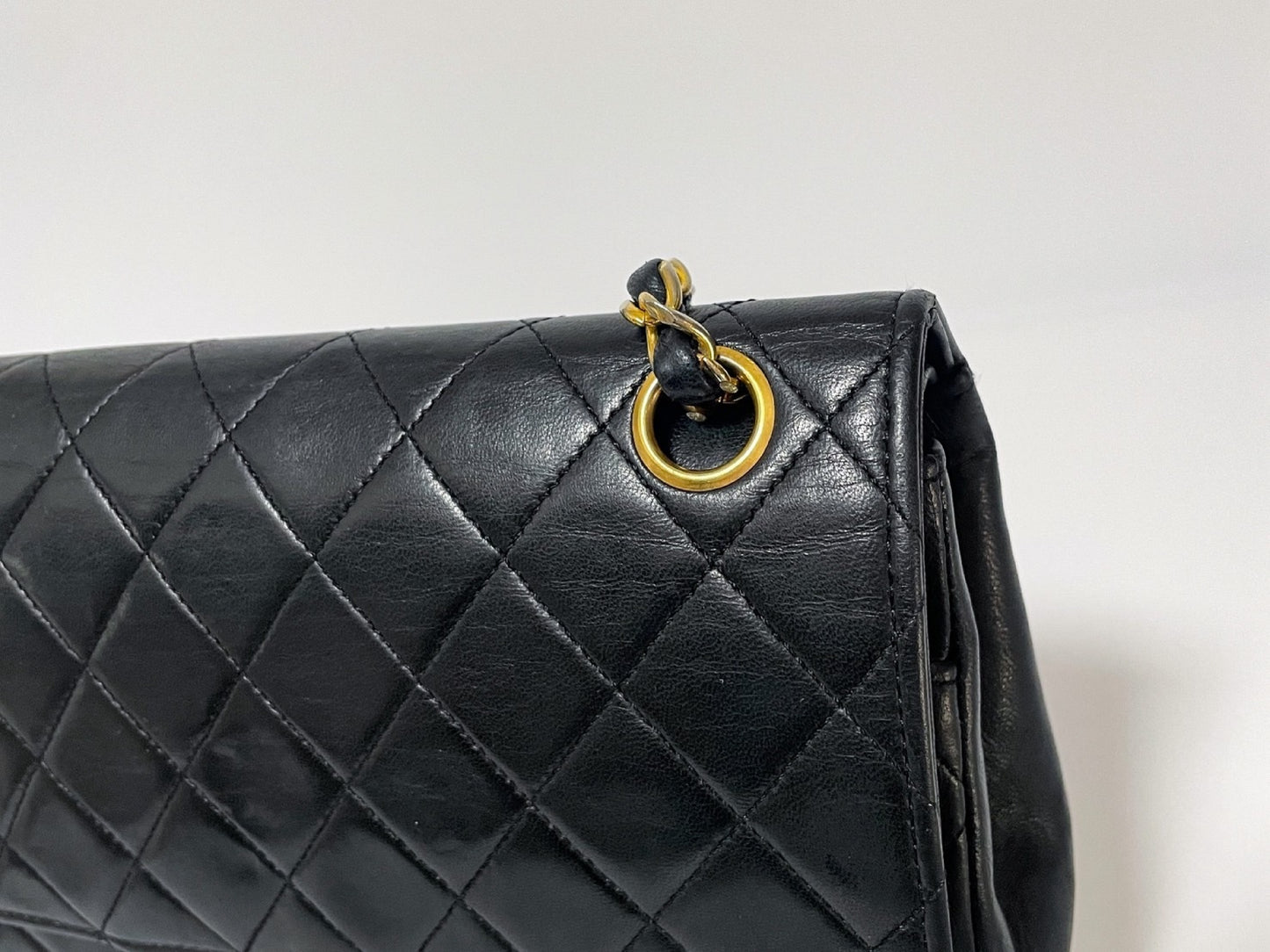 CHANEL Double Flap Matelasse Black Lambskin Shoulder Bag with Seal
