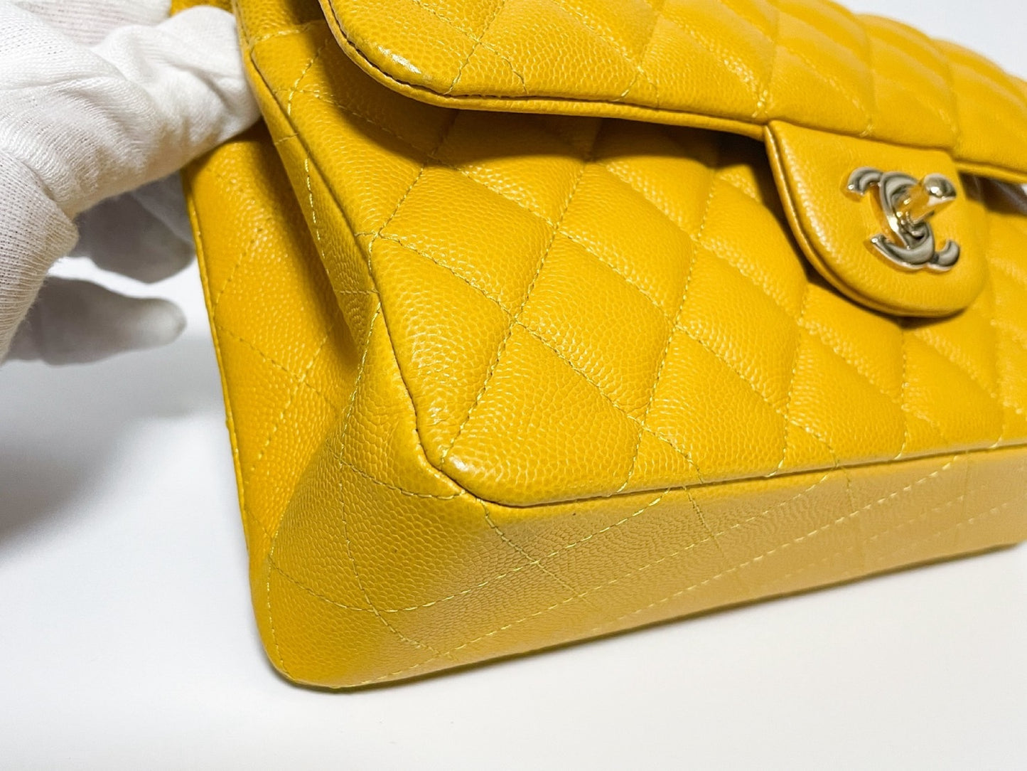 CHANEL Double Flap Caviar Leather Matelasse Yellow Shoulder Bag