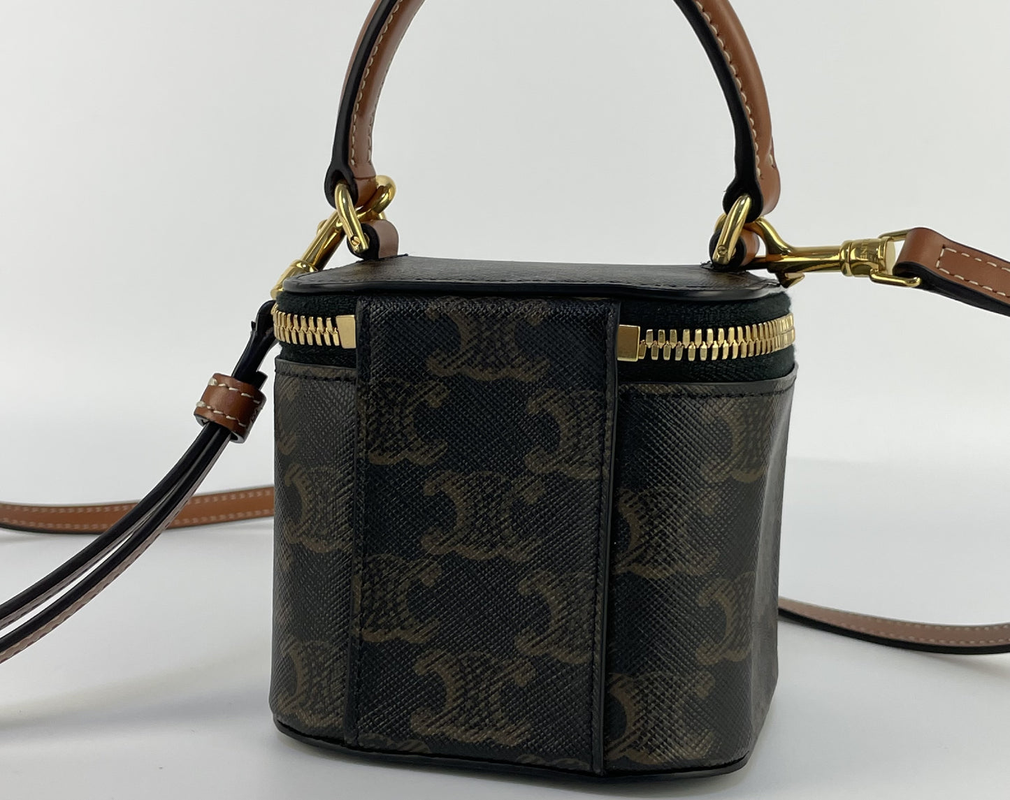 CELINE Triomphe PVC and Leather 2-Way Vanity Bag, Brown, Shoulder Bag