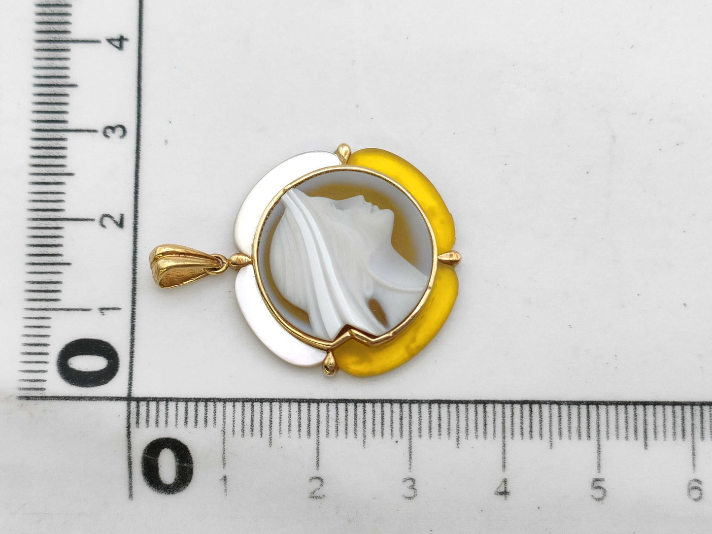 Cameo Shell and Colored Stone Pendant Top, 18K Gold, 6.7g