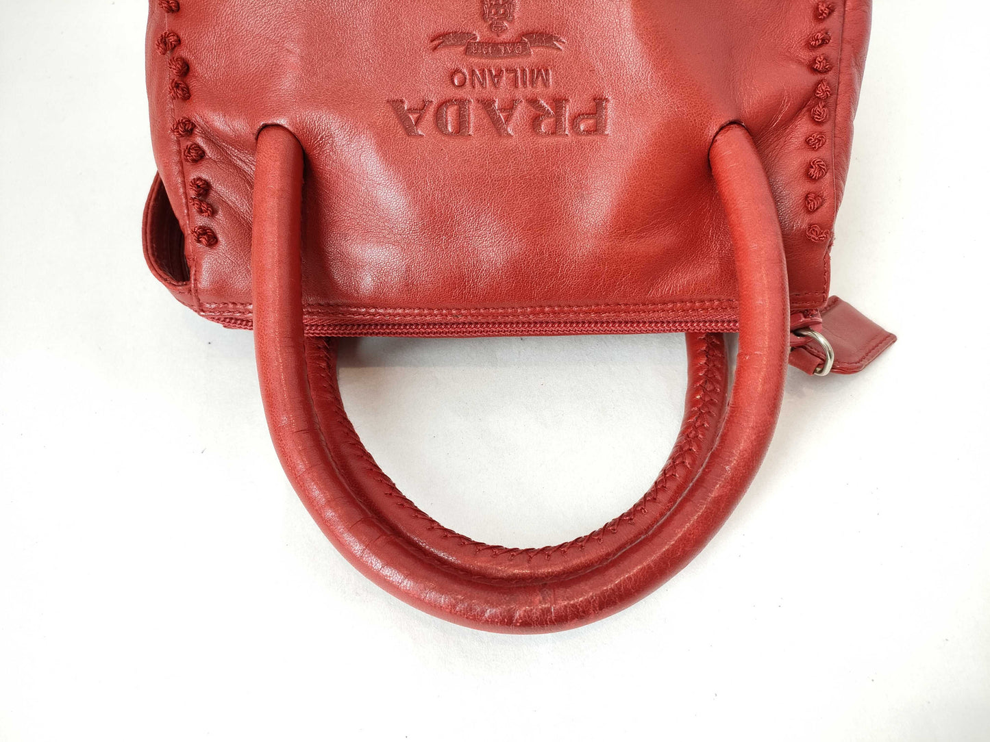 PRADA Prada logo embossed embroidered handbag all leather handbag