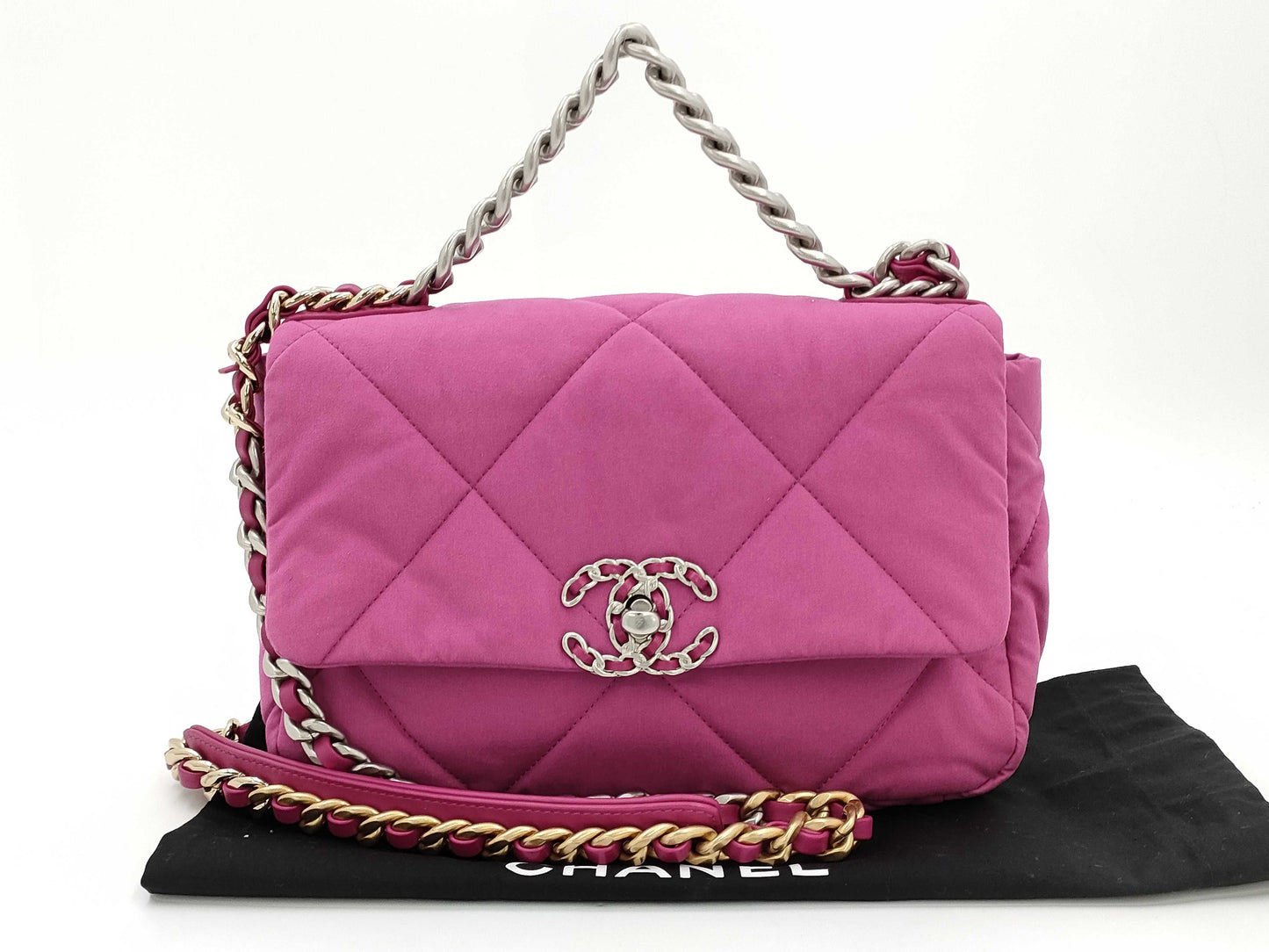 CHANEL 19 Satin 2-Way Chain Turnlock Shoulder Bag in Pink with Serial Number Plate