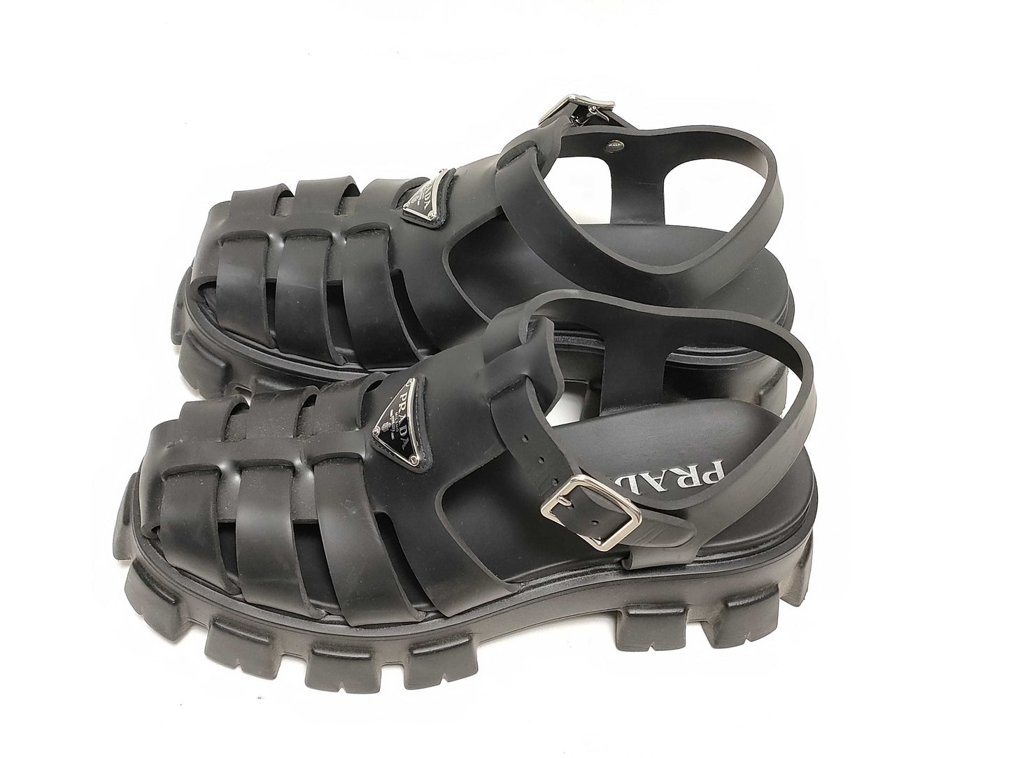 PRADA Prada Monolith Rubber Gurkha Sandals with Logo Plate, Black
