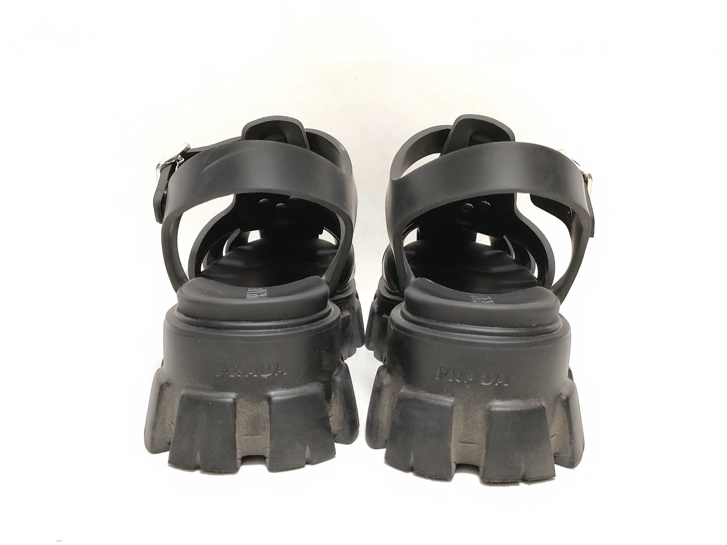 PRADA Prada Monolith Rubber Gurkha Sandals with Logo Plate, Black