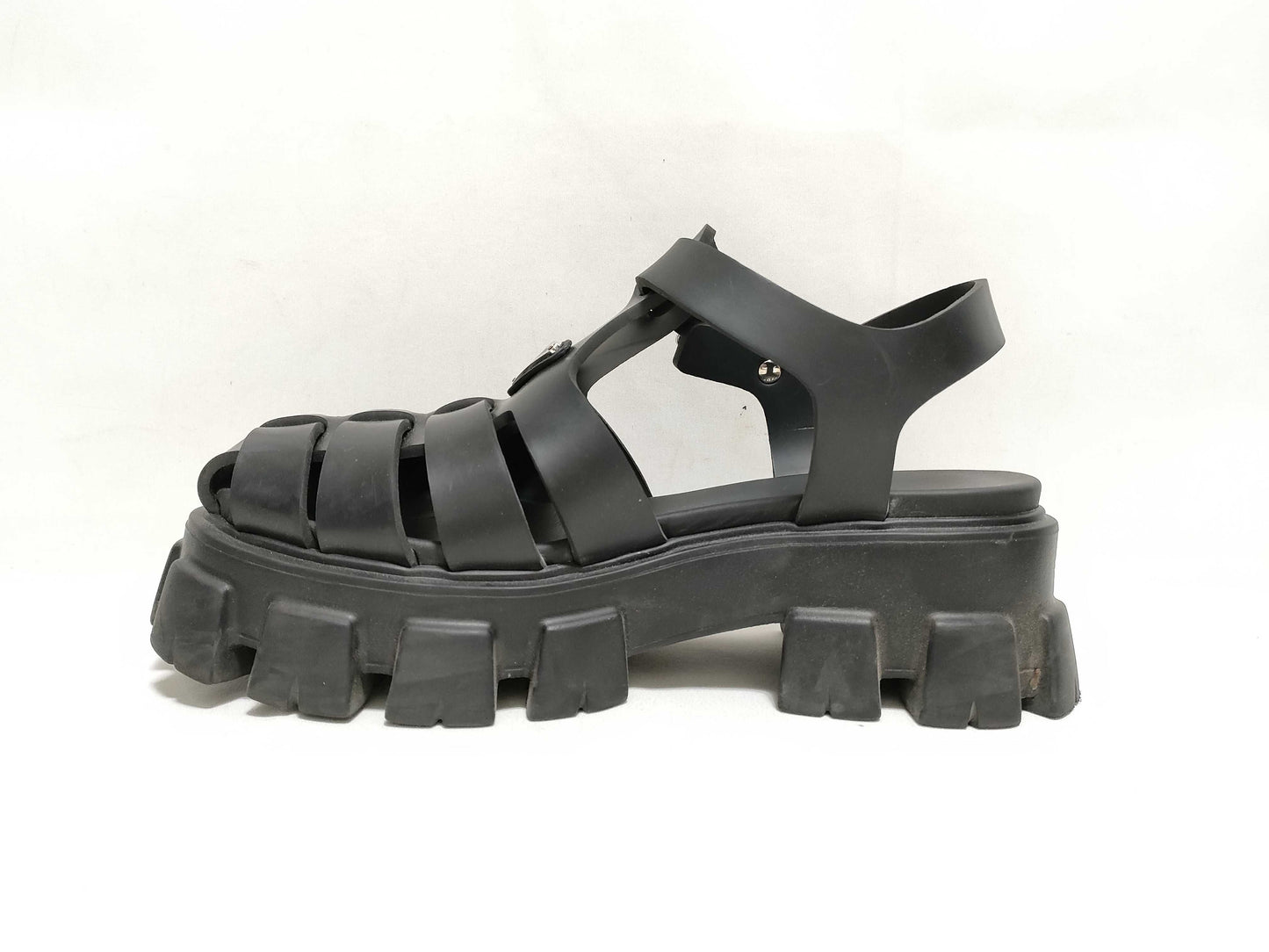 PRADA Prada Monolith Rubber Gurkha Sandals with Logo Plate, Black