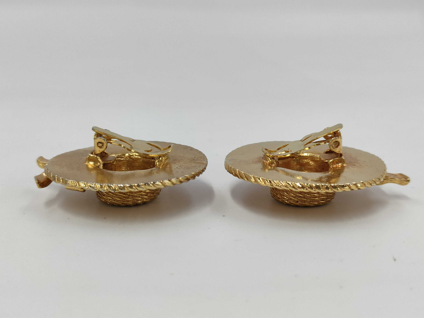 CHANEL engraved plate straw hat ribbon earrings