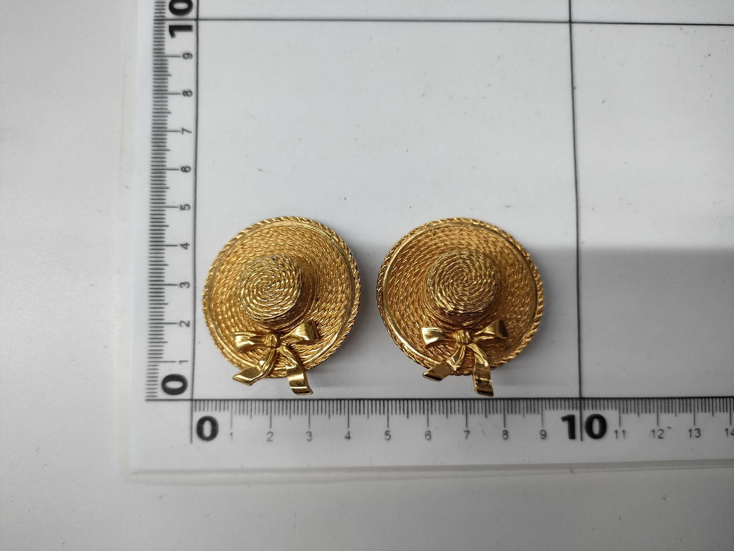 CHANEL engraved plate straw hat ribbon earrings