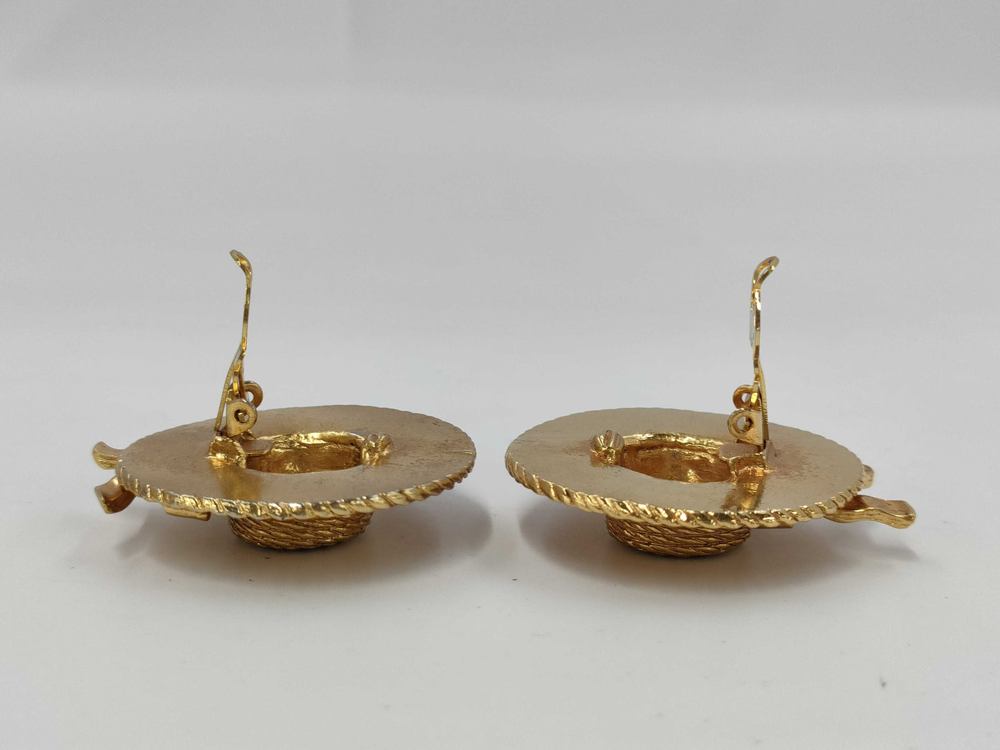 CHANEL engraved plate straw hat ribbon earrings