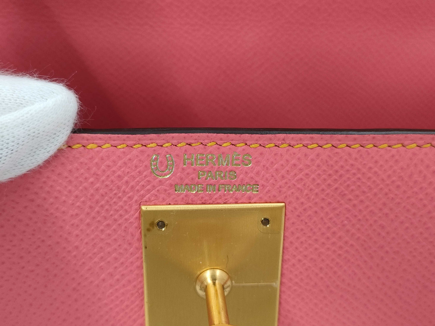 HERMES Kelly 28 Serie Personal Order Epsom Leather Rose Azalee Jaune D'or with Matte Gold Hardware and C Stamp