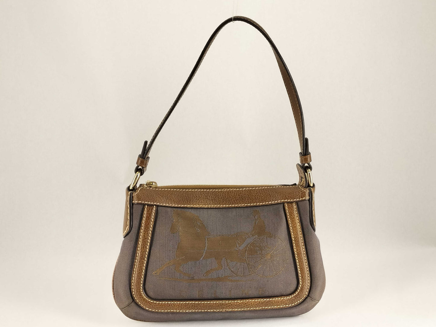 CELINE Celine Pochette Hobo Handbag in Purple/Brown Horse Carriage Print Canvas with Gold SC-ST-0097