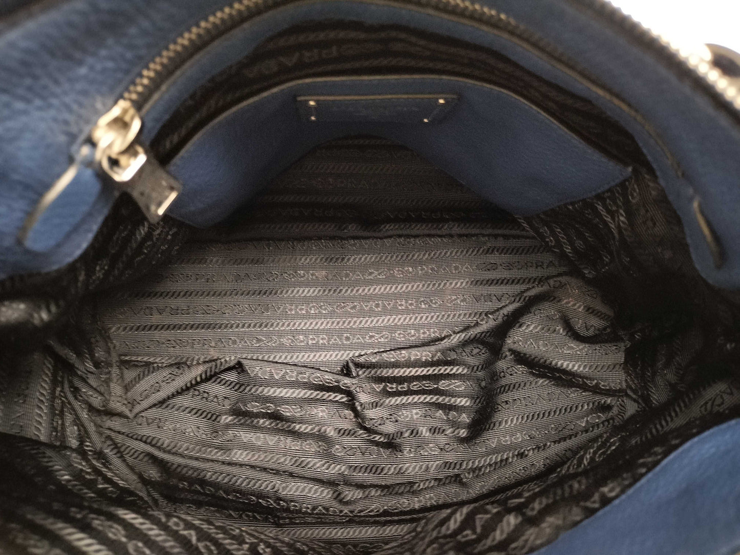 PRADA Prada Buckle Zip Hobo Shoulder Bag in Blue Vitello Dino Leather and Silver, Size 158
