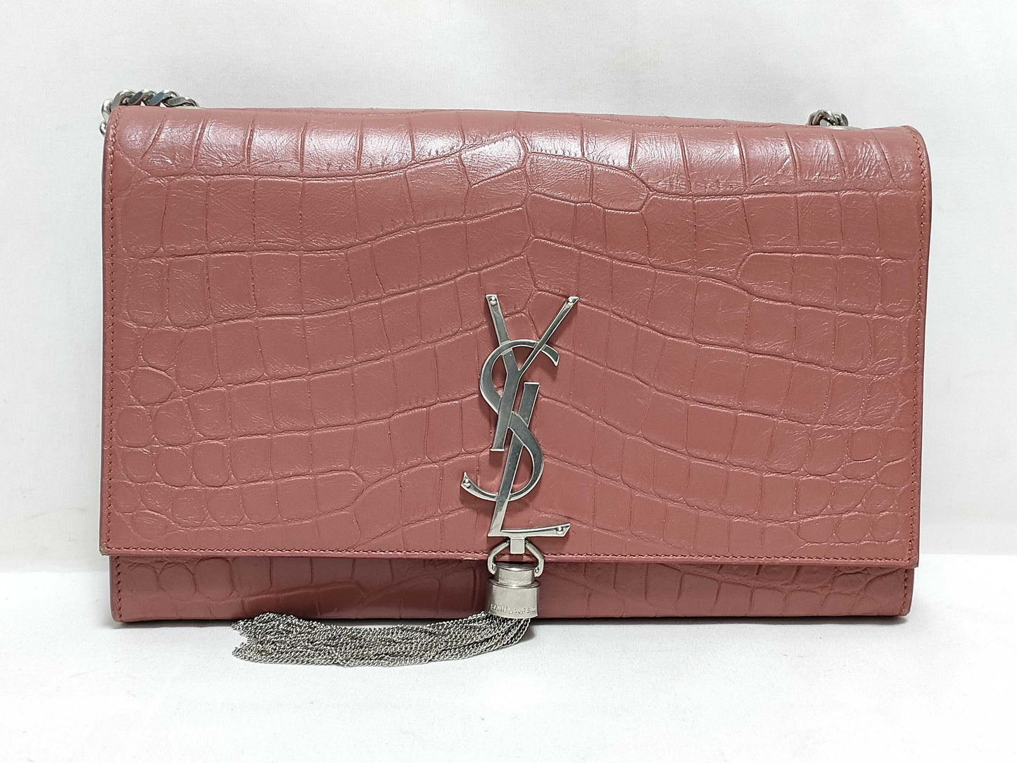 SAINT LAURENT Yves Saint Laurent Medium Tassel Kate Shoulder Bag in Peach Crocodile-Embossed Leather and Silver