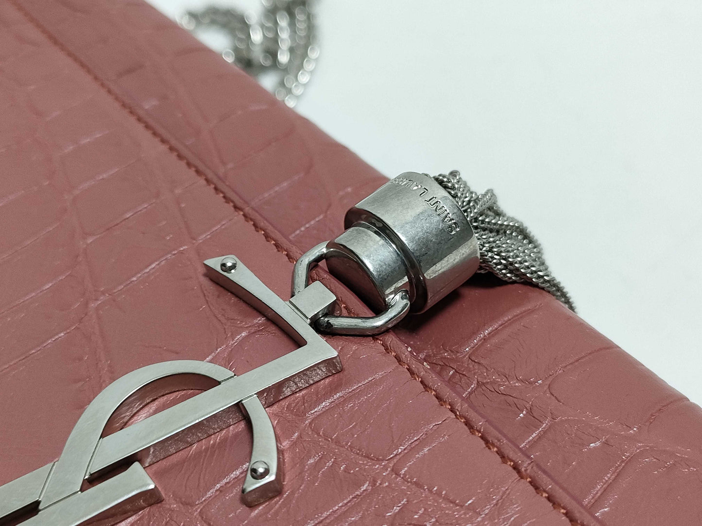SAINT LAURENT Yves Saint Laurent Medium Tassel Kate Shoulder Bag in Peach Crocodile-Embossed Leather and Silver