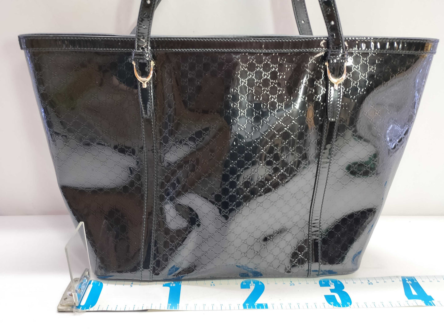 GUCCI Nice Tote in Black Micro Guccissima Patent Leather with Gold Tote Bag, 309613 002123