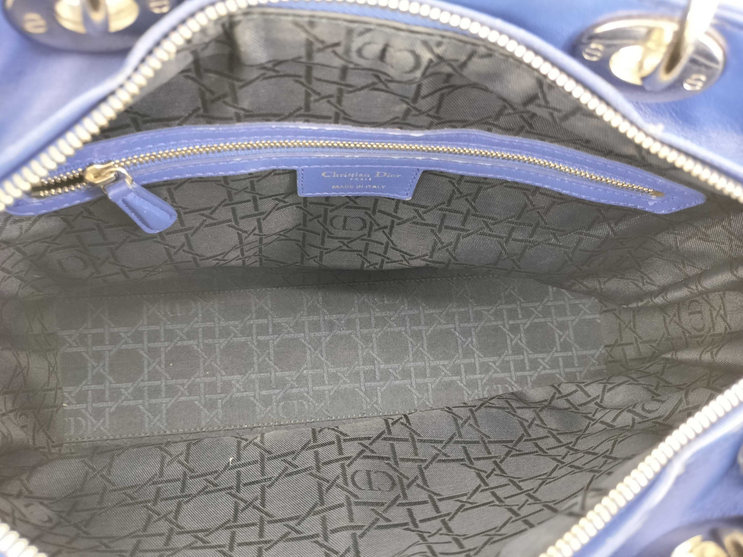 Dior Lady Dior Large Zip Handbag in Blue Cannage Lambskin Leather and Silver, 18-MA-0123