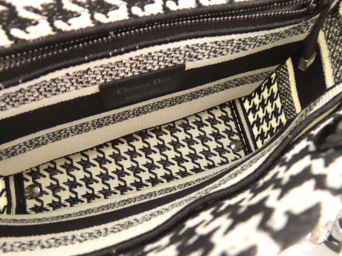 Christian Dior Lady D Light Medium 2-Way Handbag, White and Black Houndstooth