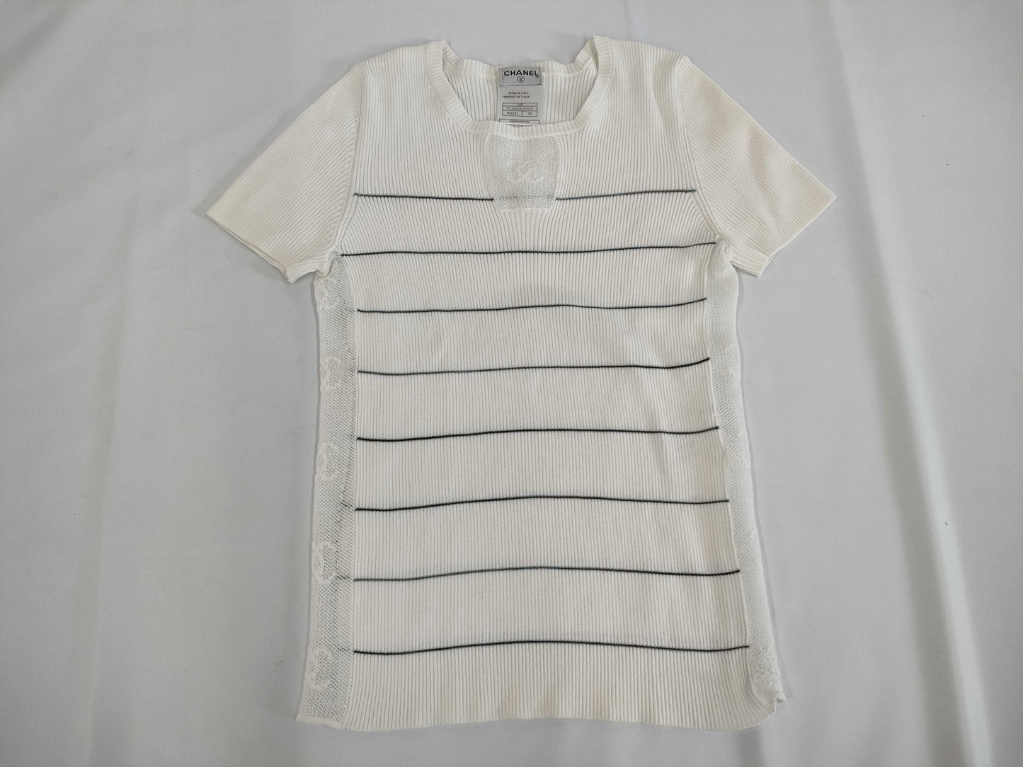 CHANEL CHANEL P23260 Short Sleeve Sweater with Coco Mark Mesh, White/Navy, Size 38, Tops