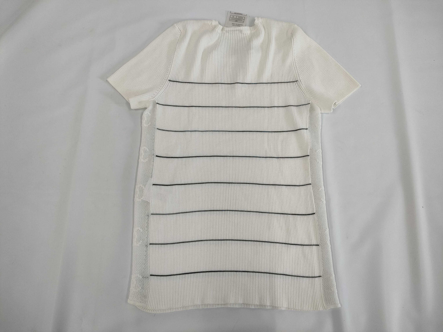 CHANEL CHANEL P23260 Short Sleeve Sweater with Coco Mark Mesh, White/Navy, Size 38, Tops