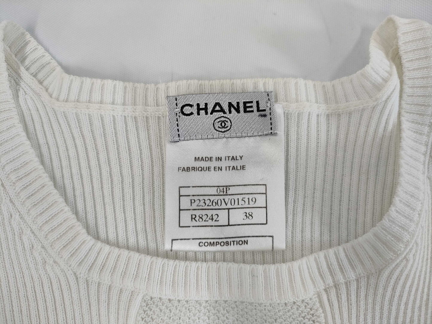 CHANEL CHANEL P23260 Short Sleeve Sweater with Coco Mark Mesh, White/Navy, Size 38, Tops