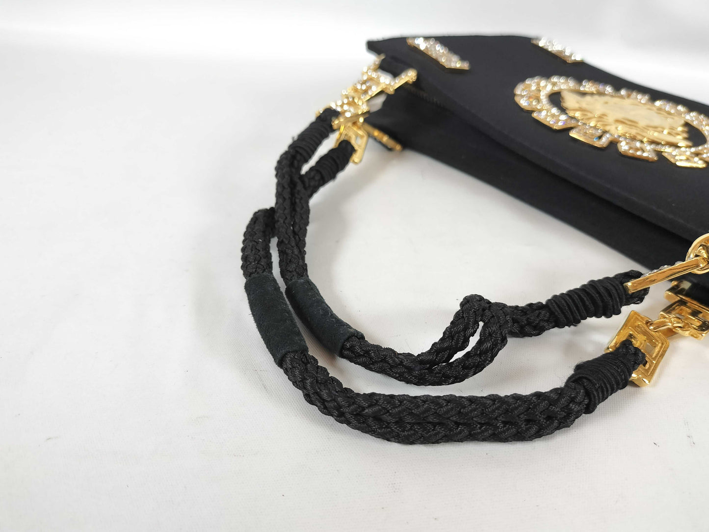 VERSACE Gianni Versace Mini Handbag, Medusa, Greca Pattern, Rhinestones, Satin, Black Handbag