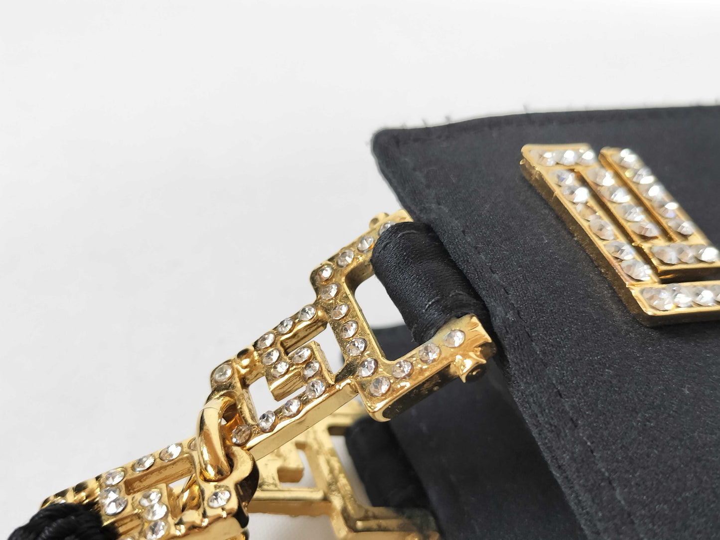 VERSACE Gianni Versace Mini Handbag, Medusa, Greca Pattern, Rhinestones, Satin, Black Handbag