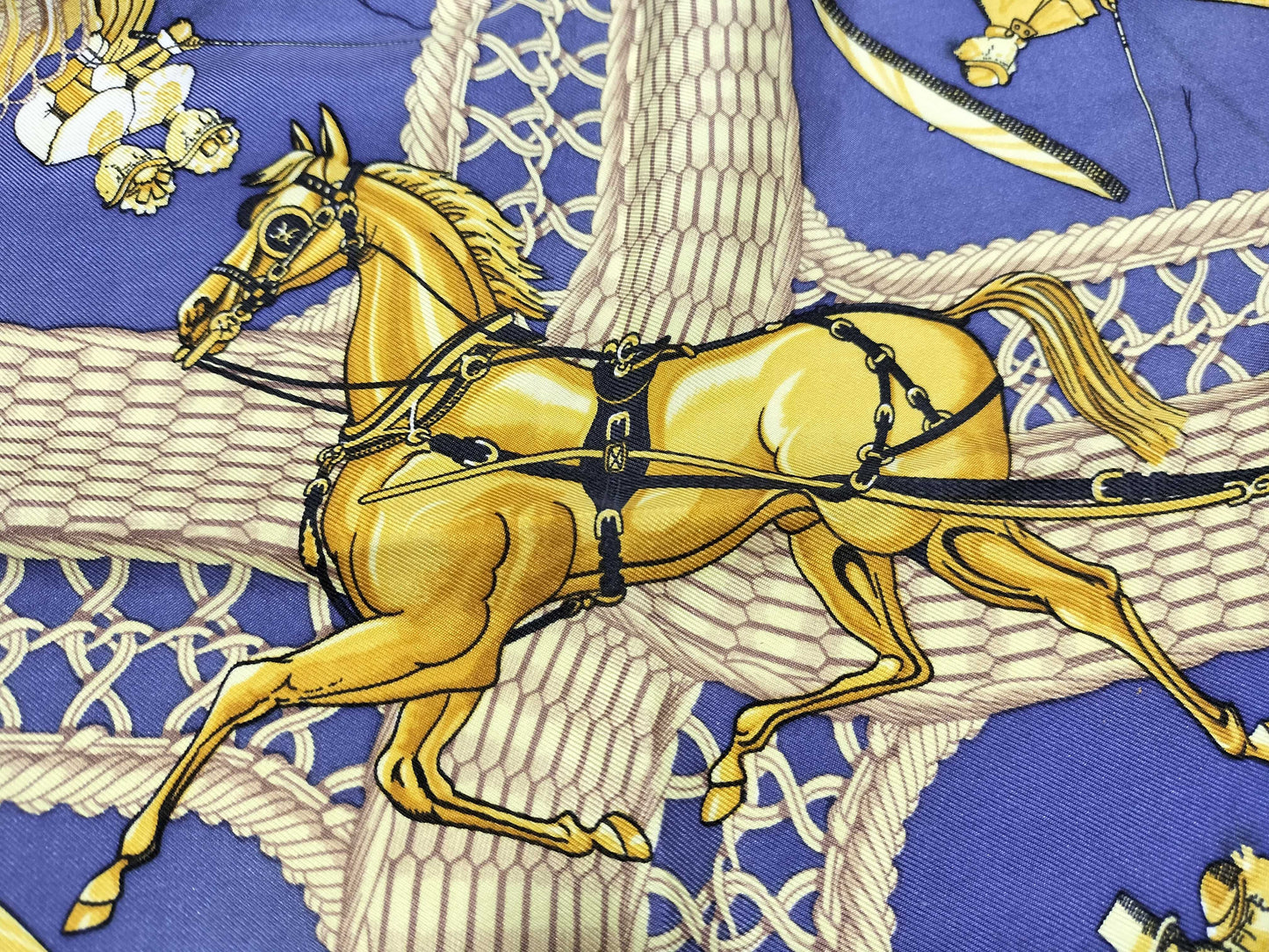 HERMES Carre 90 VOITURES PANIERS Silk Scarf Blue x Gold Scarf