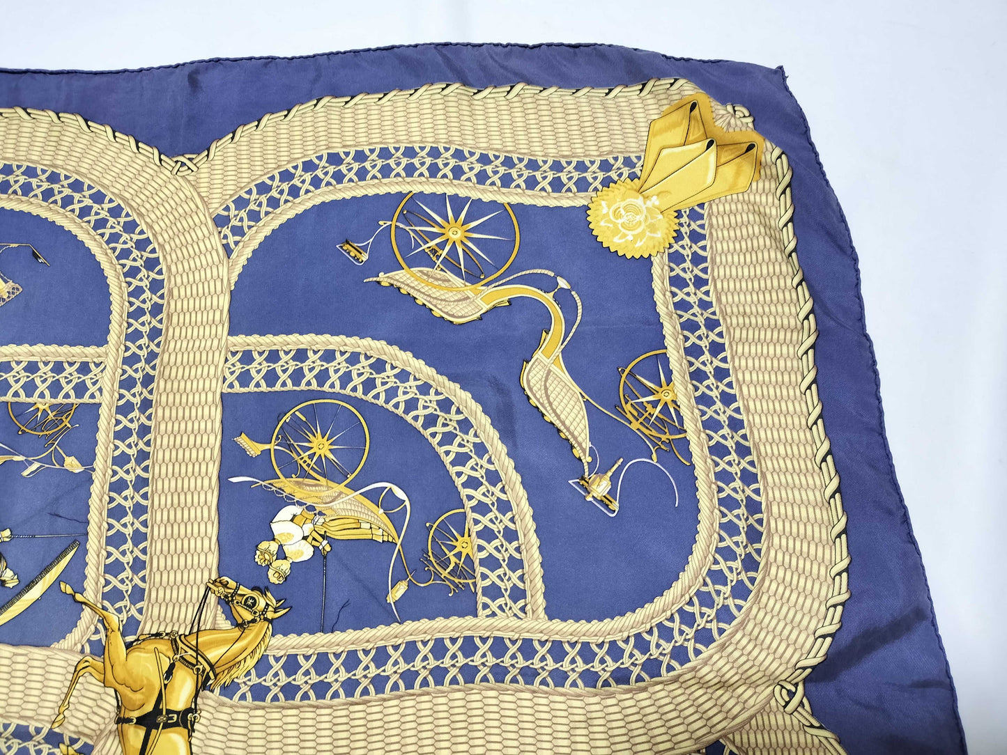 HERMES Carre 90 VOITURES PANIERS Silk Scarf Blue x Gold Scarf