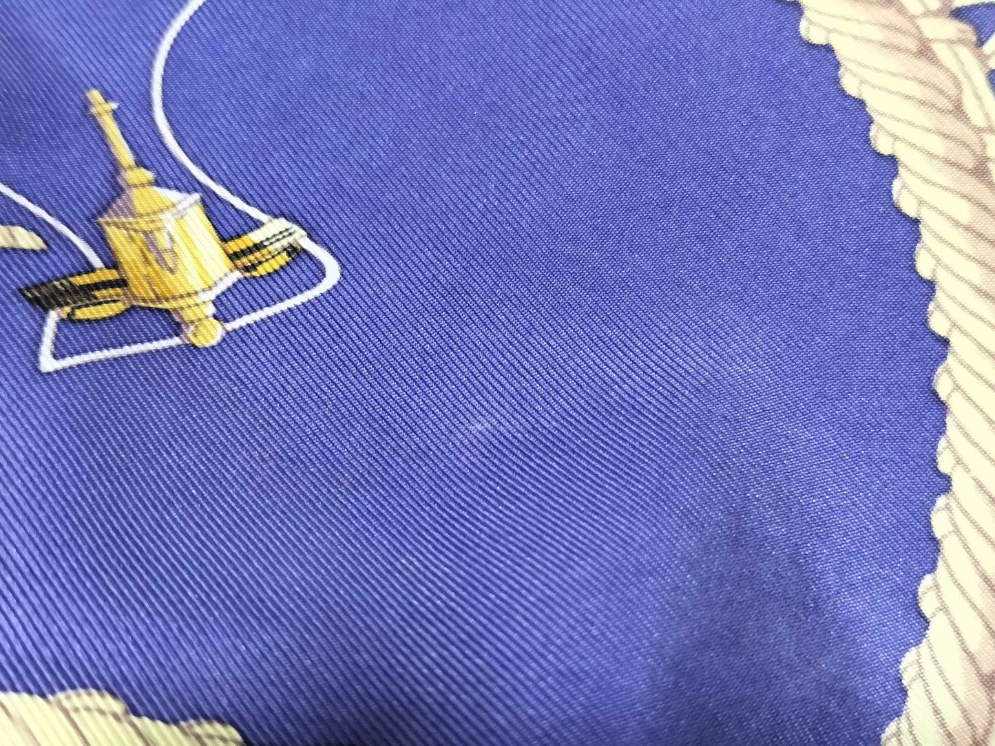HERMES Carre 90 VOITURES PANIERS Silk Scarf Blue x Gold Scarf