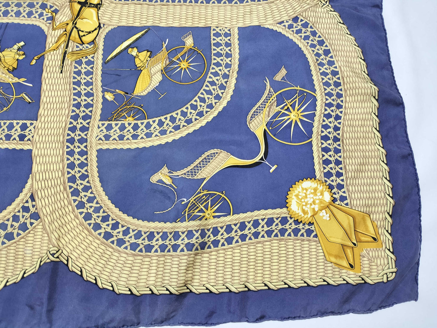 HERMES Carre 90 VOITURES PANIERS Silk Scarf Blue x Gold Scarf