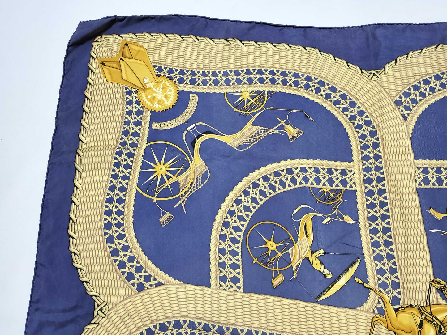 HERMES Carre 90 VOITURES PANIERS Silk Scarf Blue x Gold Scarf