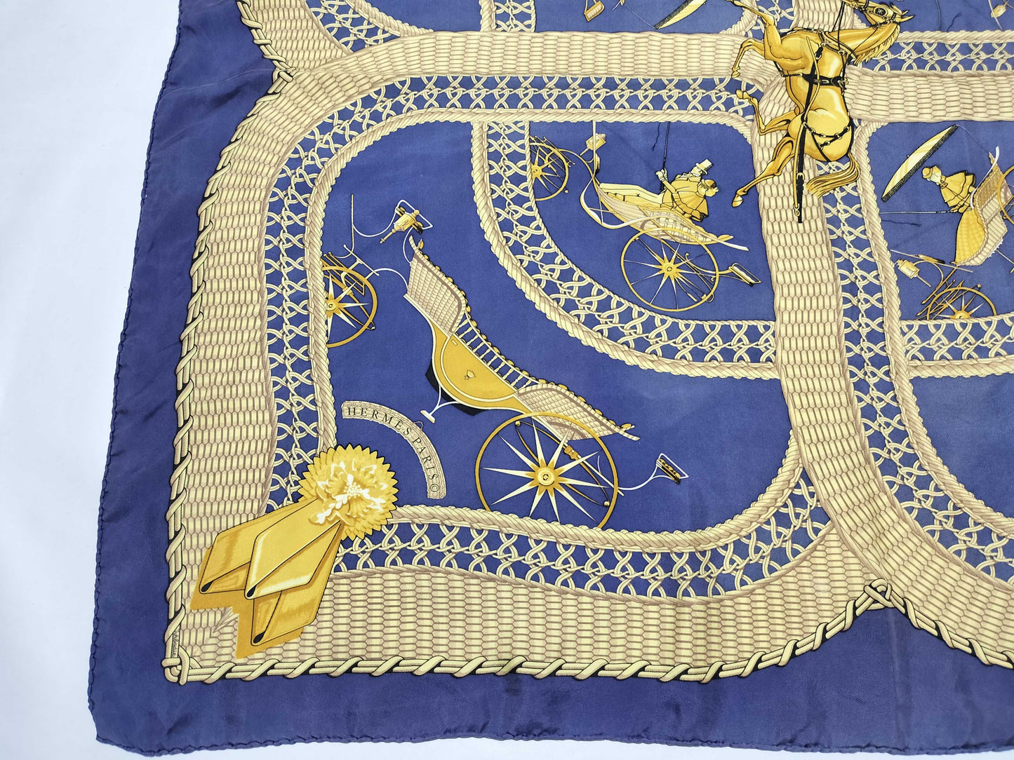 HERMES Carre 90 VOITURES PANIERS Silk Scarf Blue x Gold Scarf
