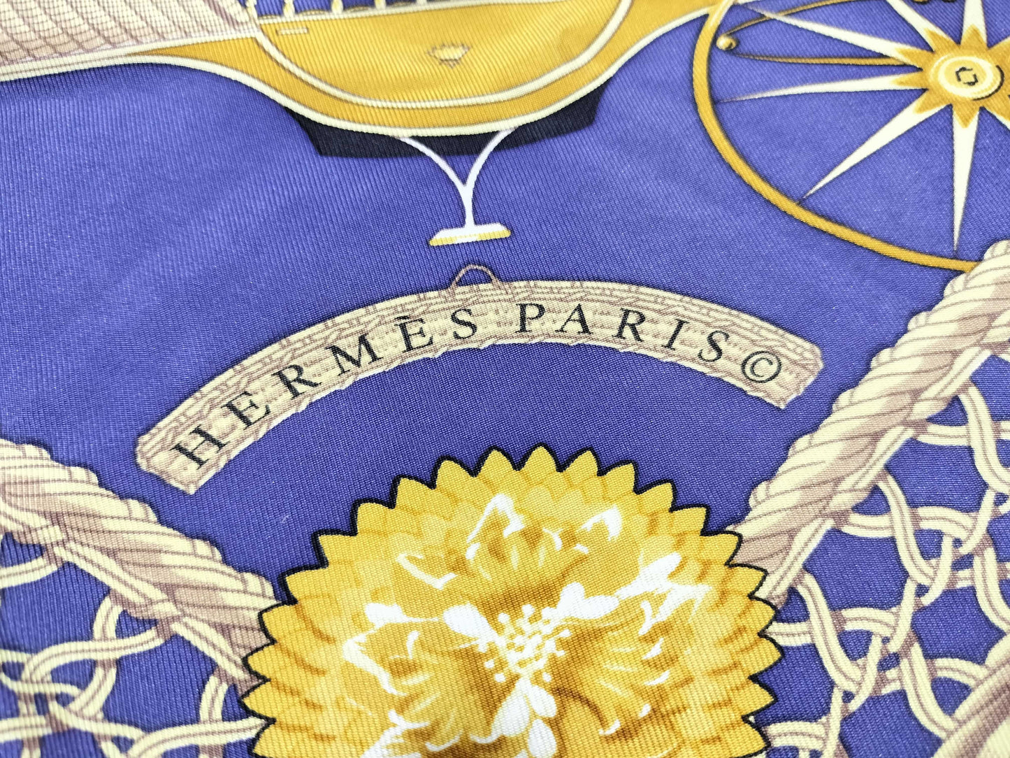 HERMES Carre 90 VOITURES PANIERS Silk Scarf Blue x Gold Scarf