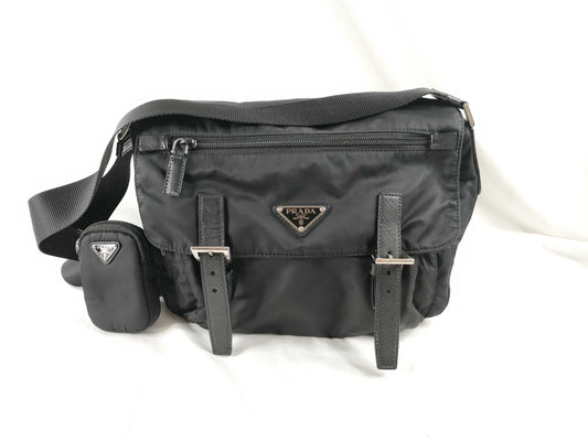 PRADA ReNylon Flap Double Belt Shoulder Bag with Pouch 1BD953