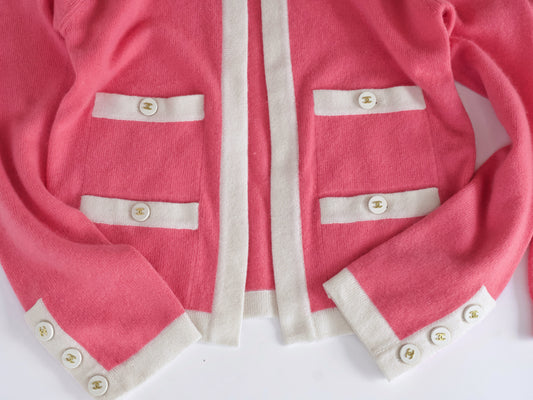 CHANEL 95C Cashmere Ensemble, Size 38, CC Button, Pink/Ivory Cardigan
