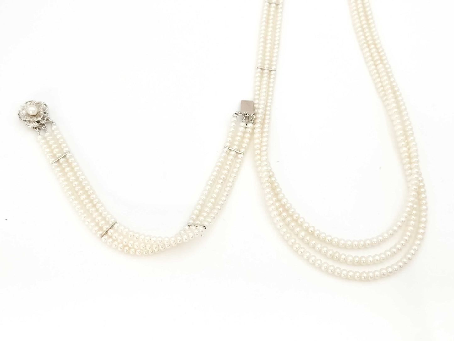 3-strand semi-round pearl necklace, approximately 3.5-3.8mm diameter, sterling silver/metal, 42.1g