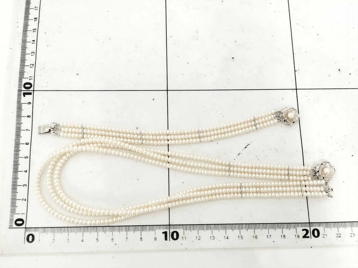 3-strand semi-round pearl necklace, approximately 3.5-3.8mm diameter, sterling silver/metal, 42.1g