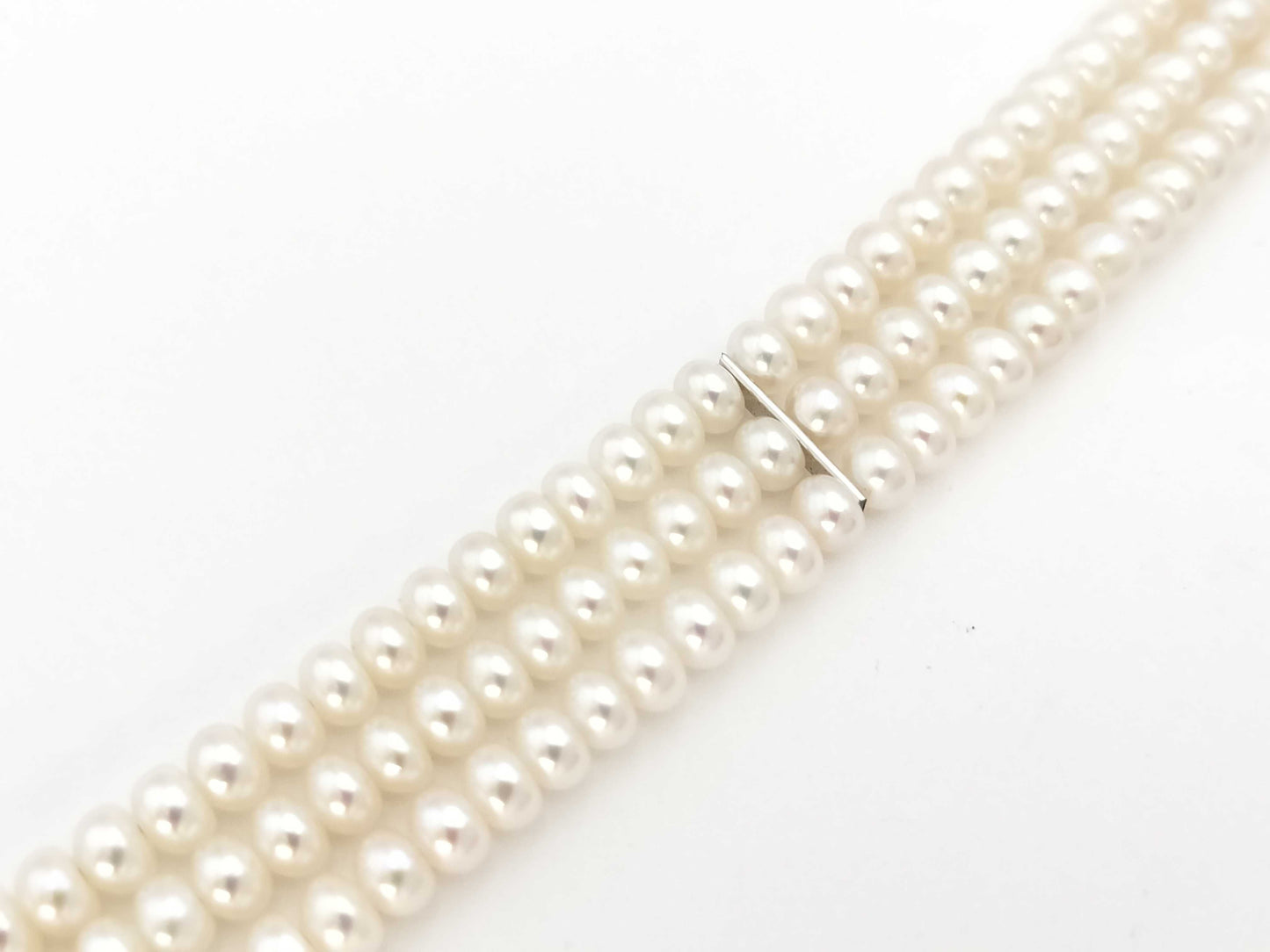 3-strand semi-round pearl necklace, approximately 3.5-3.8mm diameter, sterling silver/metal, 42.1g