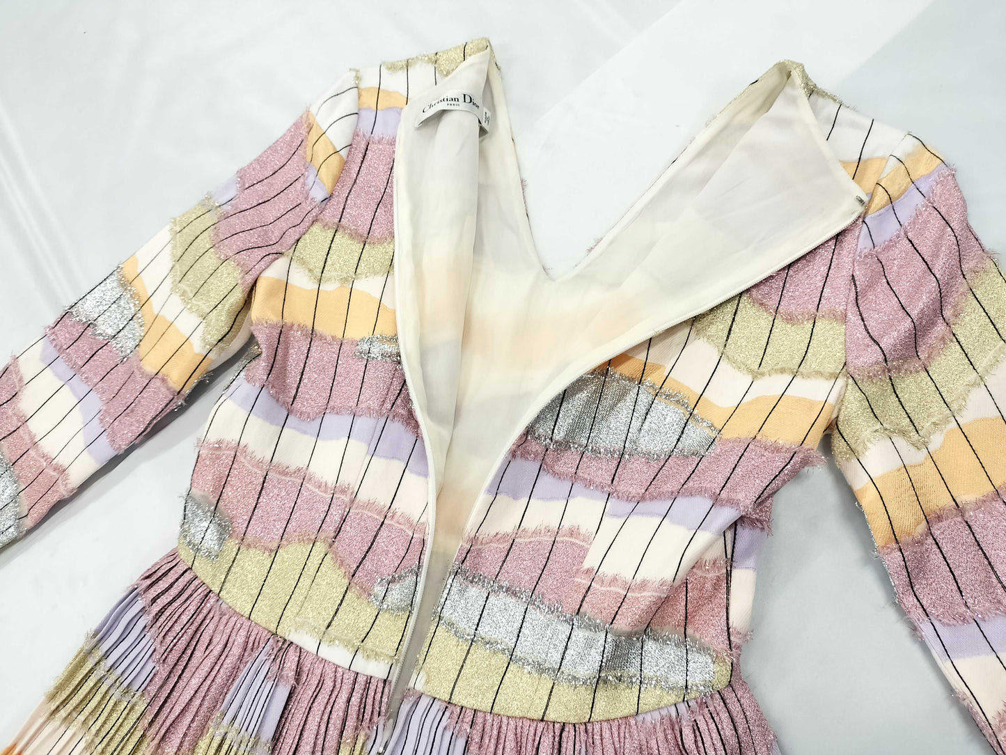Dior Lamé Pink V-Neck Pleated Dress, Size 34
