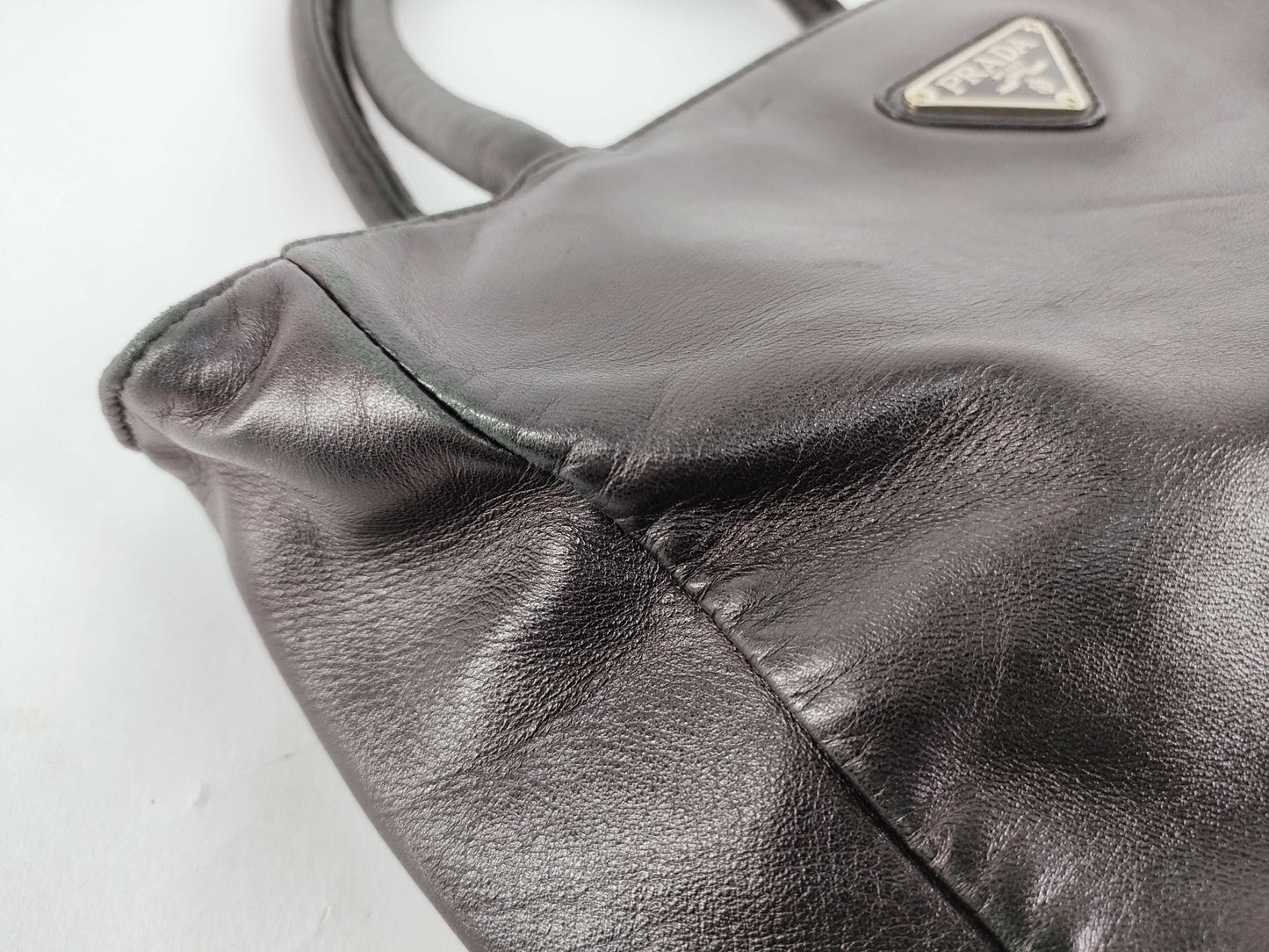 PRADA Prada Handbag with Triangle Logo, All Leather, Black, with Warranty Card