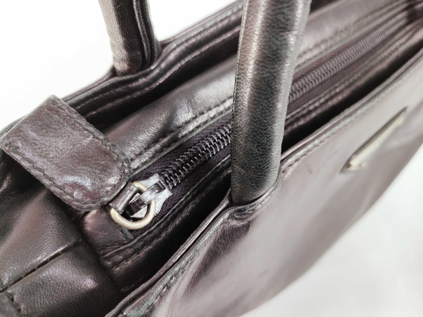 PRADA Prada Handbag with Triangle Logo, All Leather, Black, with Warranty Card