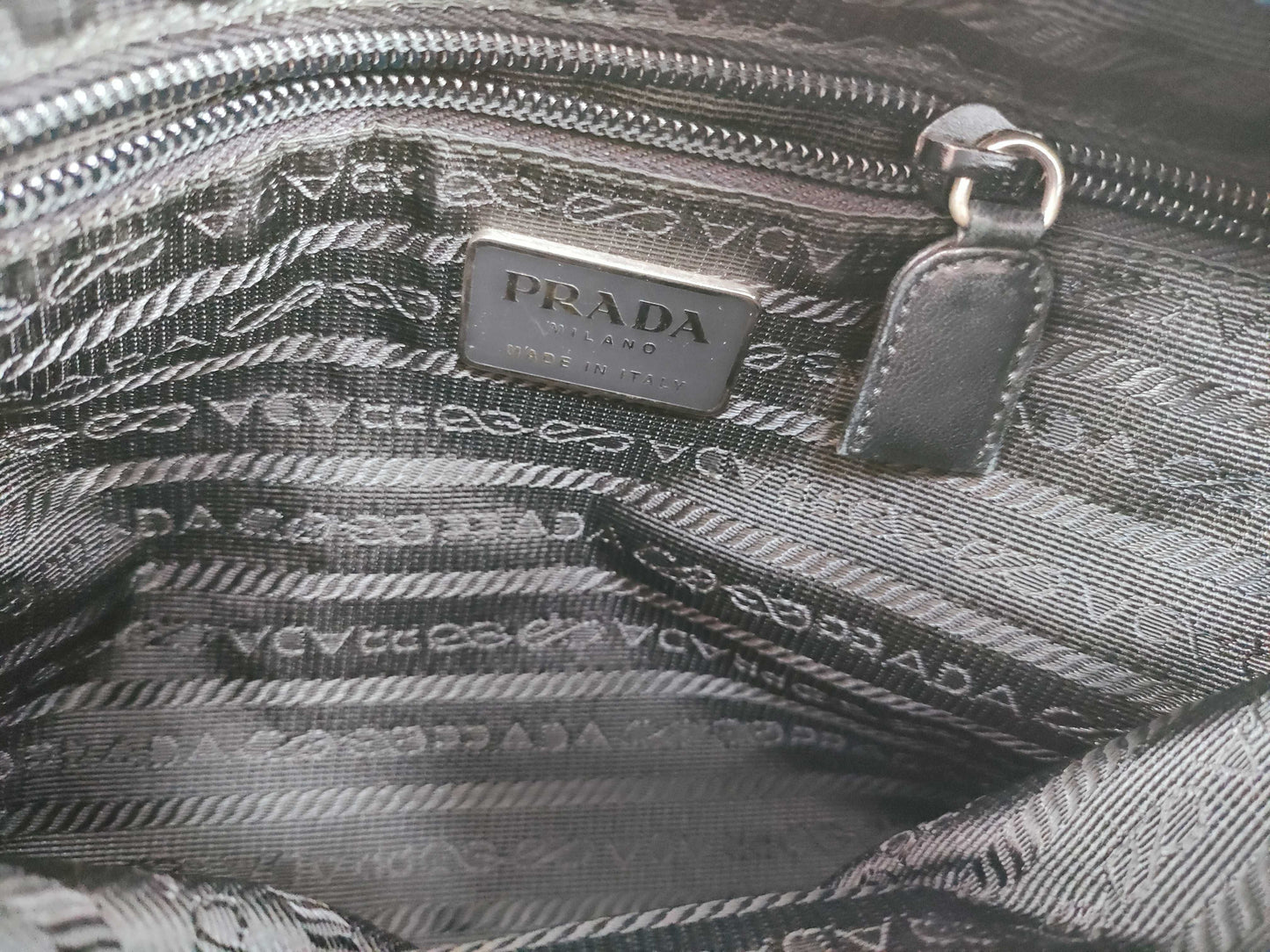 PRADA Prada Handbag with Triangle Logo, All Leather, Black, with Warranty Card