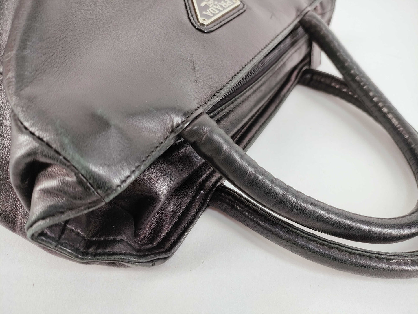 PRADA Prada Handbag with Triangle Logo, All Leather, Black, with Warranty Card