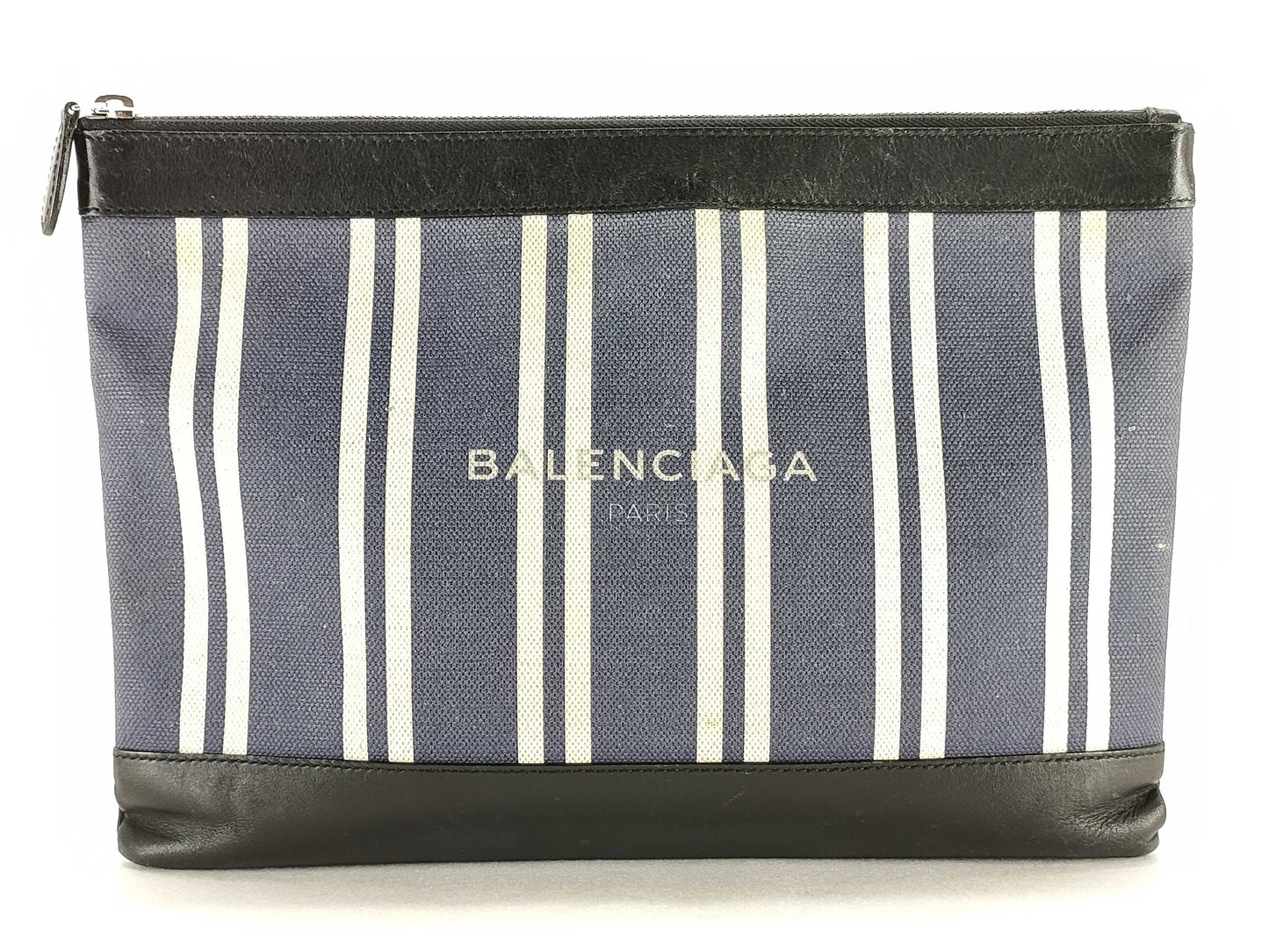 BALENCIAGA 420407 Navy Clip Canvas and Leather Clutch Handbag