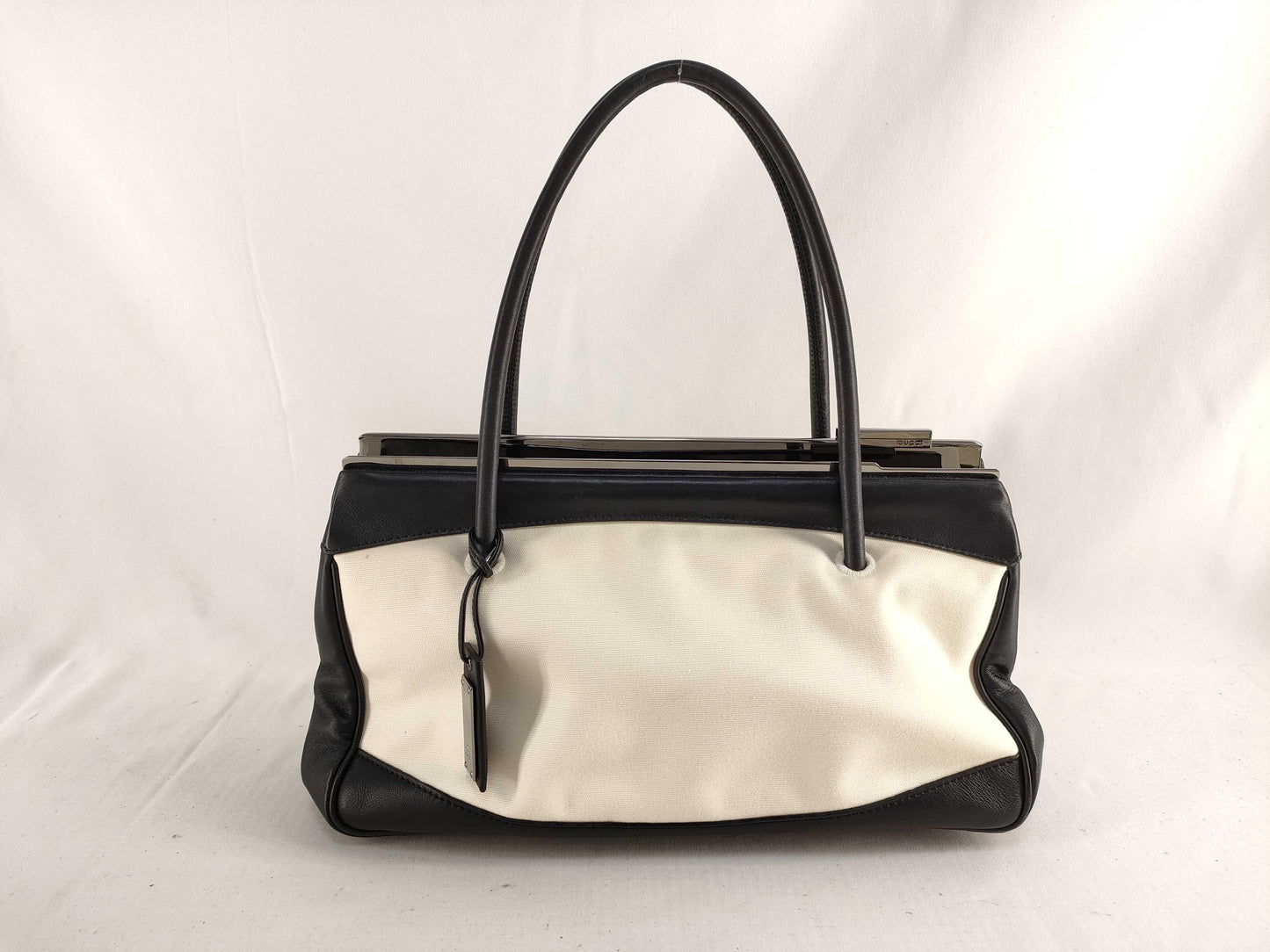 GUCCI 92726 Handbag, Plain Canvas x Leather, White/Black