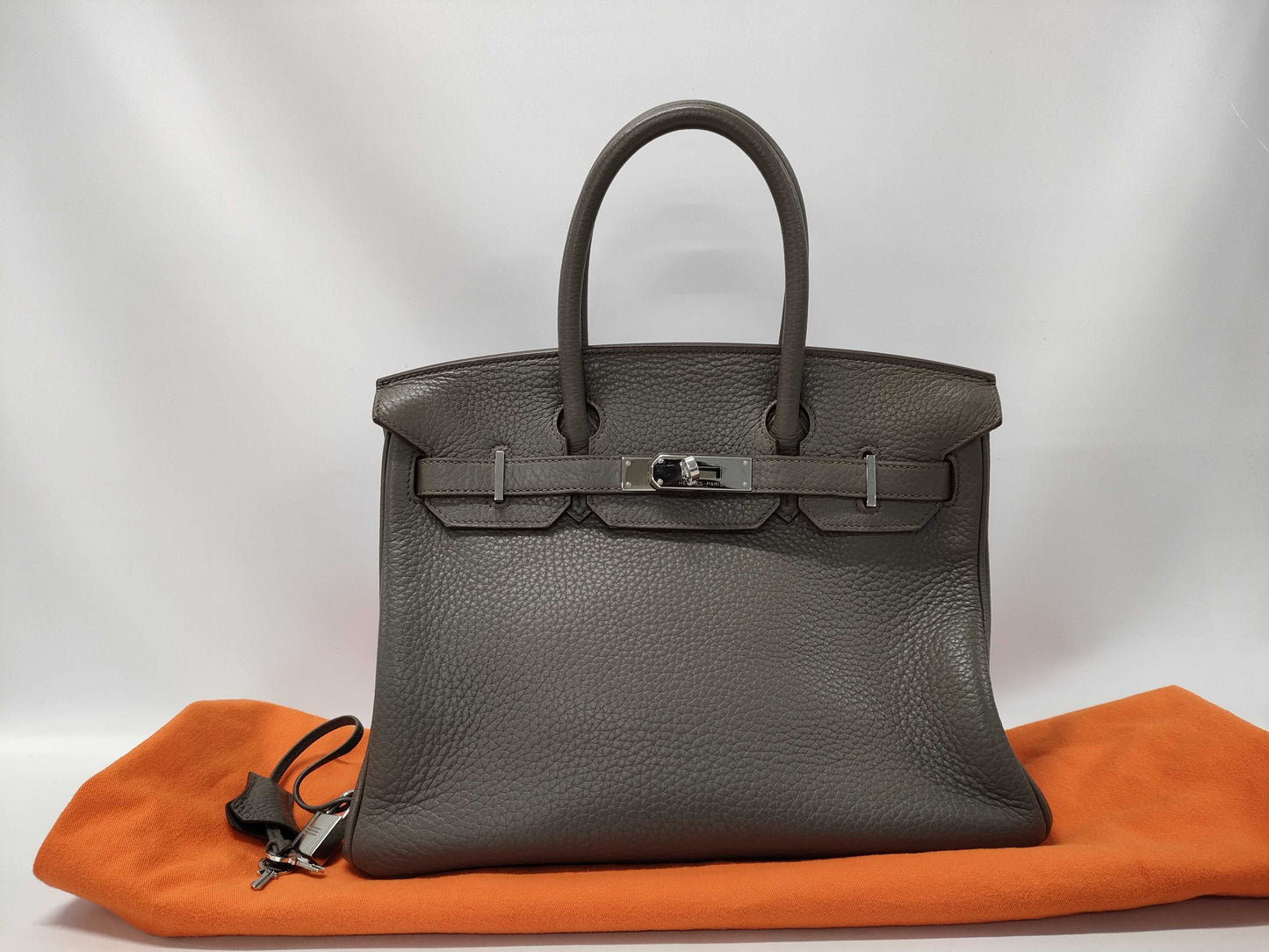 HERMES Birkin 30 Taurillon Clemence Etain Stainless Steel Handbag with Q Stamp