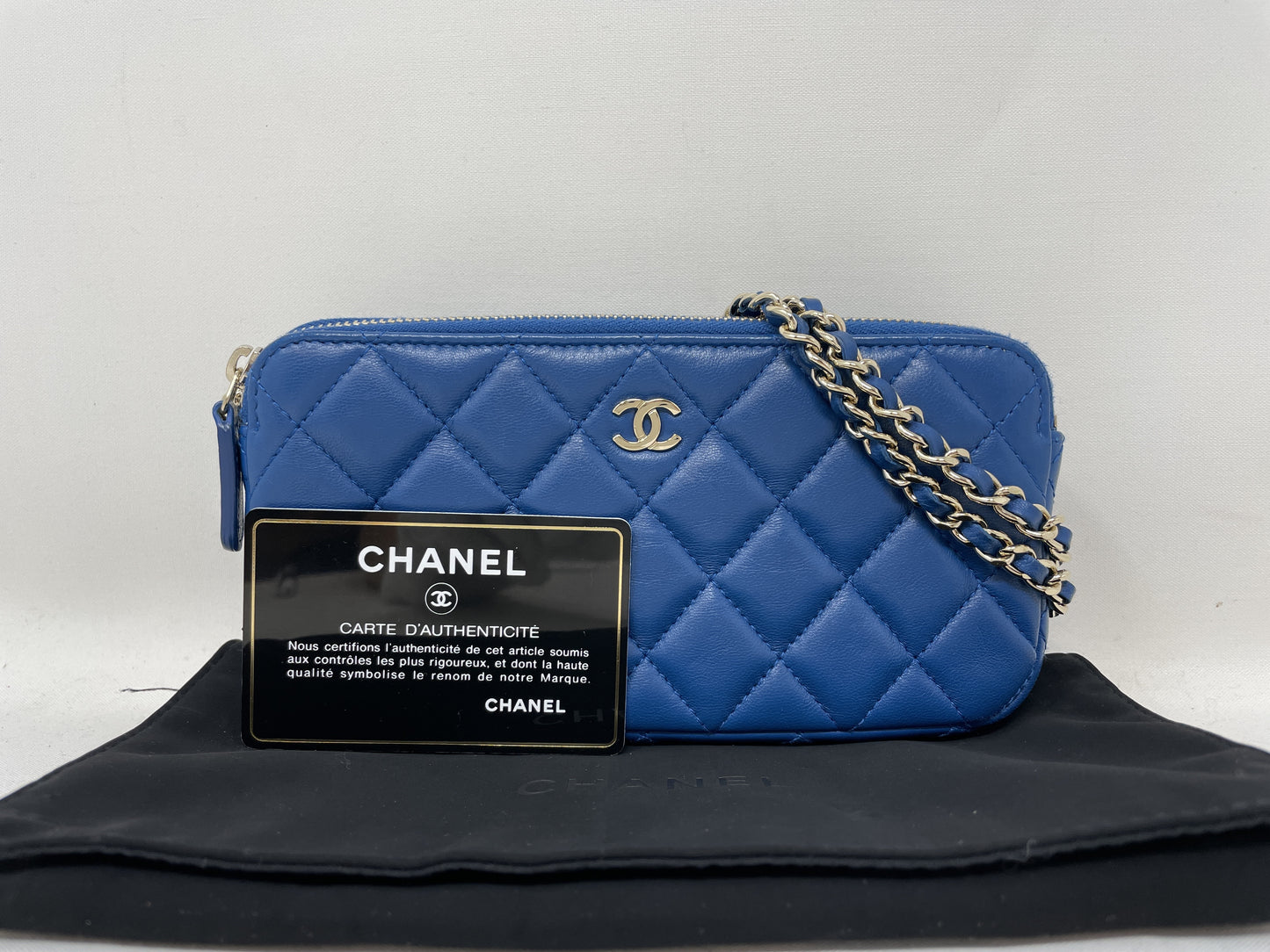 CHANEL Chain Wallet Matelasse Lambskin Blue Chain Shoulder Bag with Seal and Card