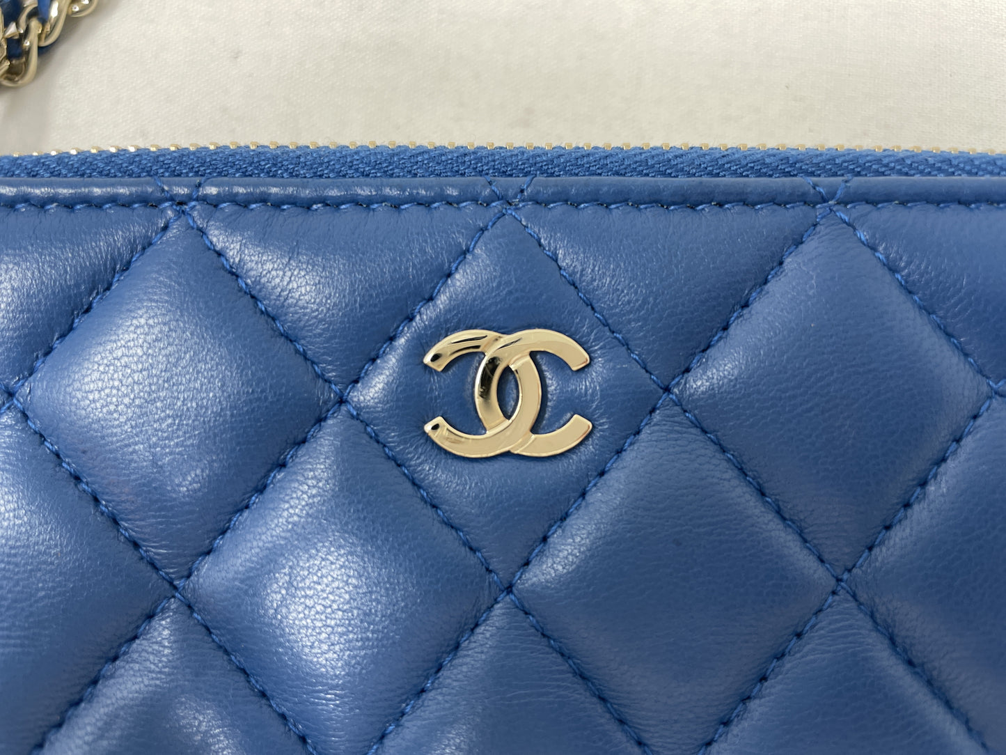 CHANEL Chain Wallet Matelasse Lambskin Blue Chain Shoulder Bag with Seal and Card