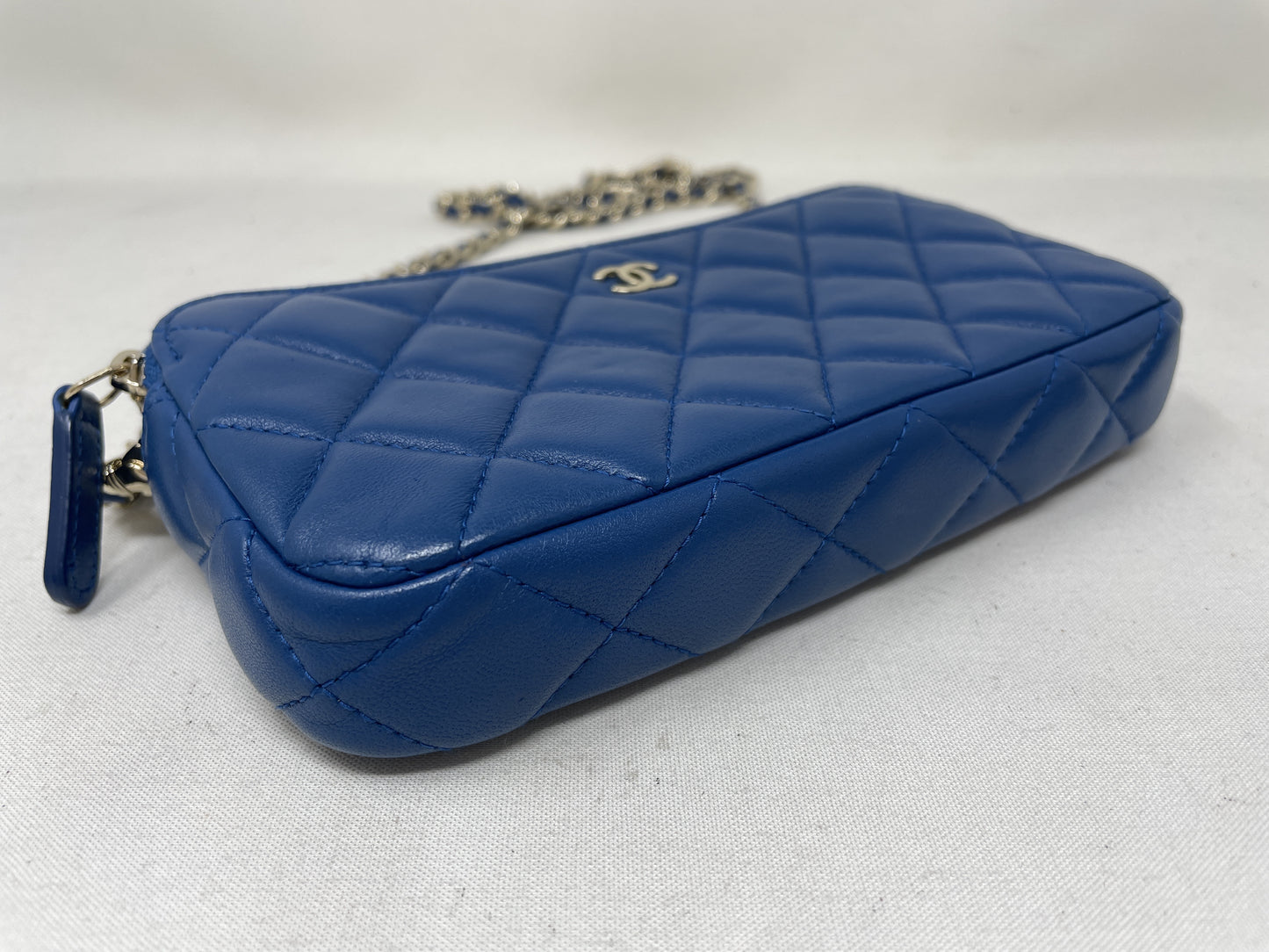 CHANEL Chain Wallet Matelasse Lambskin Blue Chain Shoulder Bag with Seal and Card