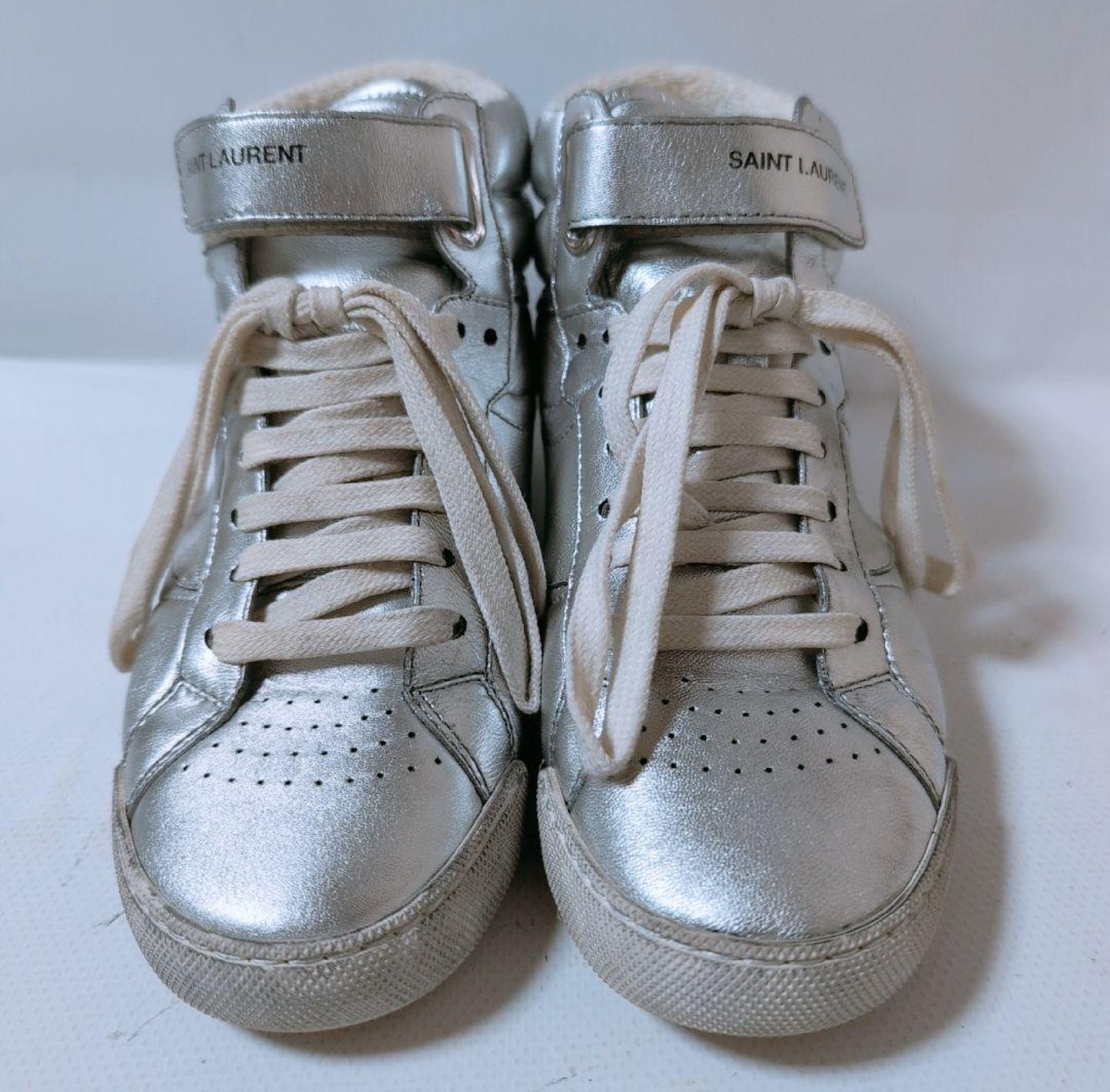 Yves Saint Laurent Silver High-Top Sneakers with Logo on Belt